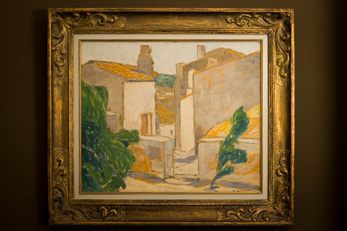 Fernand Lantoine . View Of A Village In The South Of France .. Large Framed Oil On Canvas .-photo-4