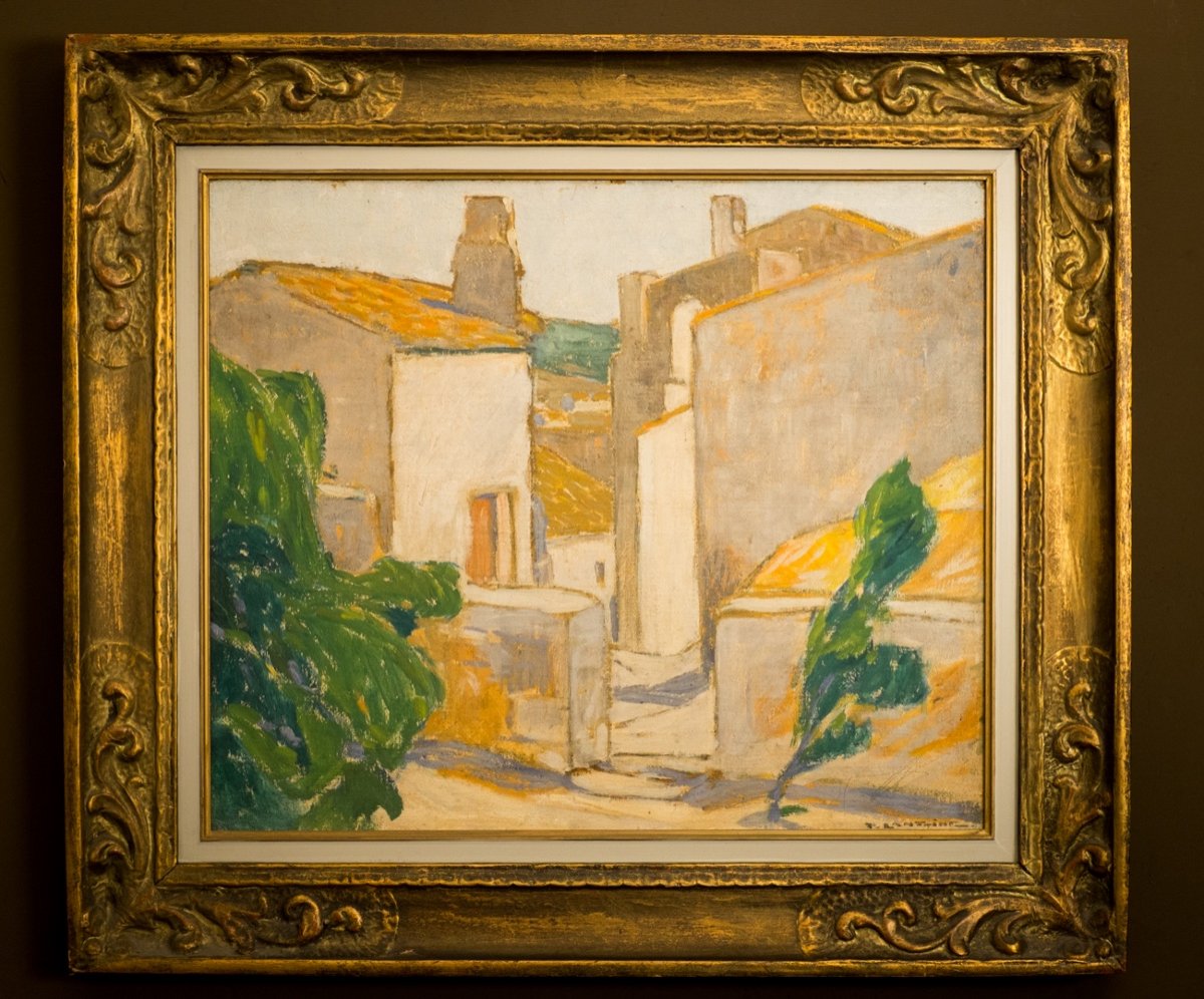 Fernand Lantoine . View Of A Village In The South Of France .. Large Framed Oil On Canvas .