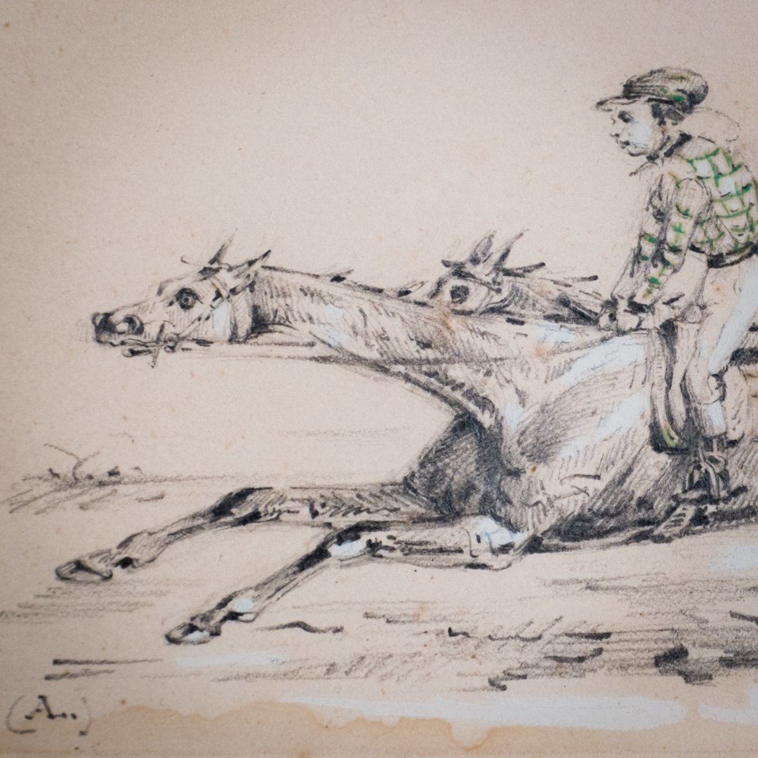rare .. petit dessin, course de chevaux,  Alfred De Dreux ..-photo-2