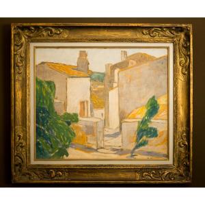 Fernand Lantoine . View Of A Village In The South Of France .. Large Framed Oil On Canvas .