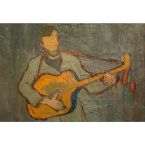 Gregori Gino . le guitariste à la tambura . huile sur toile . signé daté 1947 ..