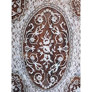 A Beautiful Lace Set From The Art Nouveau Period, Including A Curtain And A Bedspread