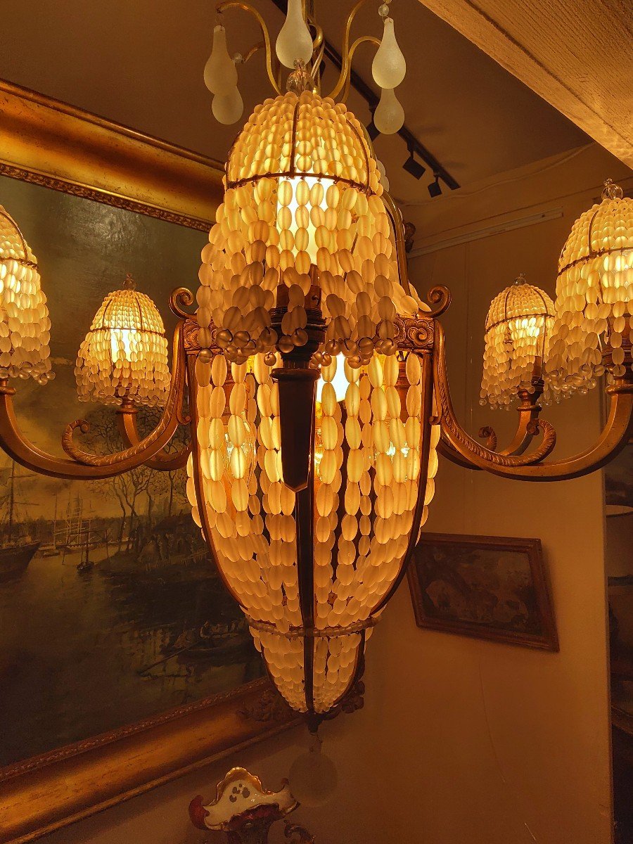 Proantic: Lustre En Bronze Doré Et Verrerie Opaque Attr à Sue Et Mare