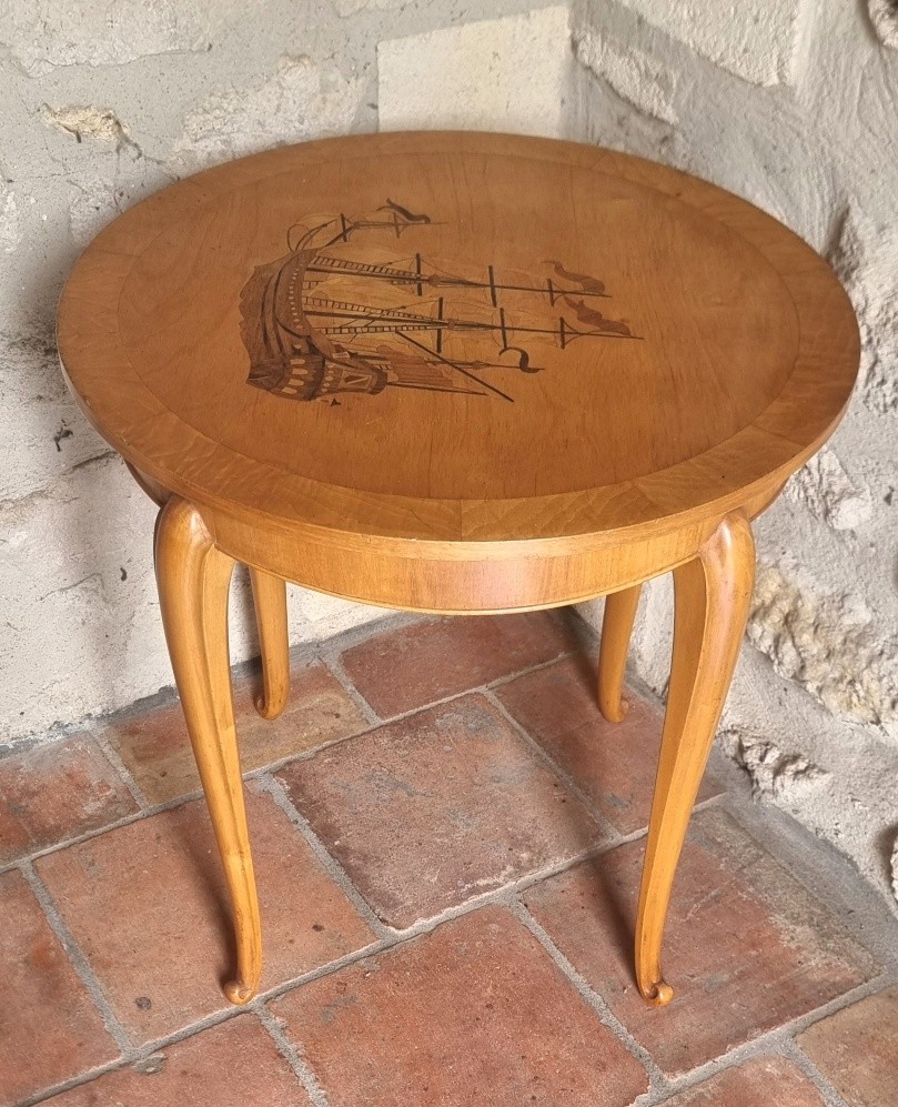 Small Marquetry Pedestal Table From The Early 20th Century-photo-4