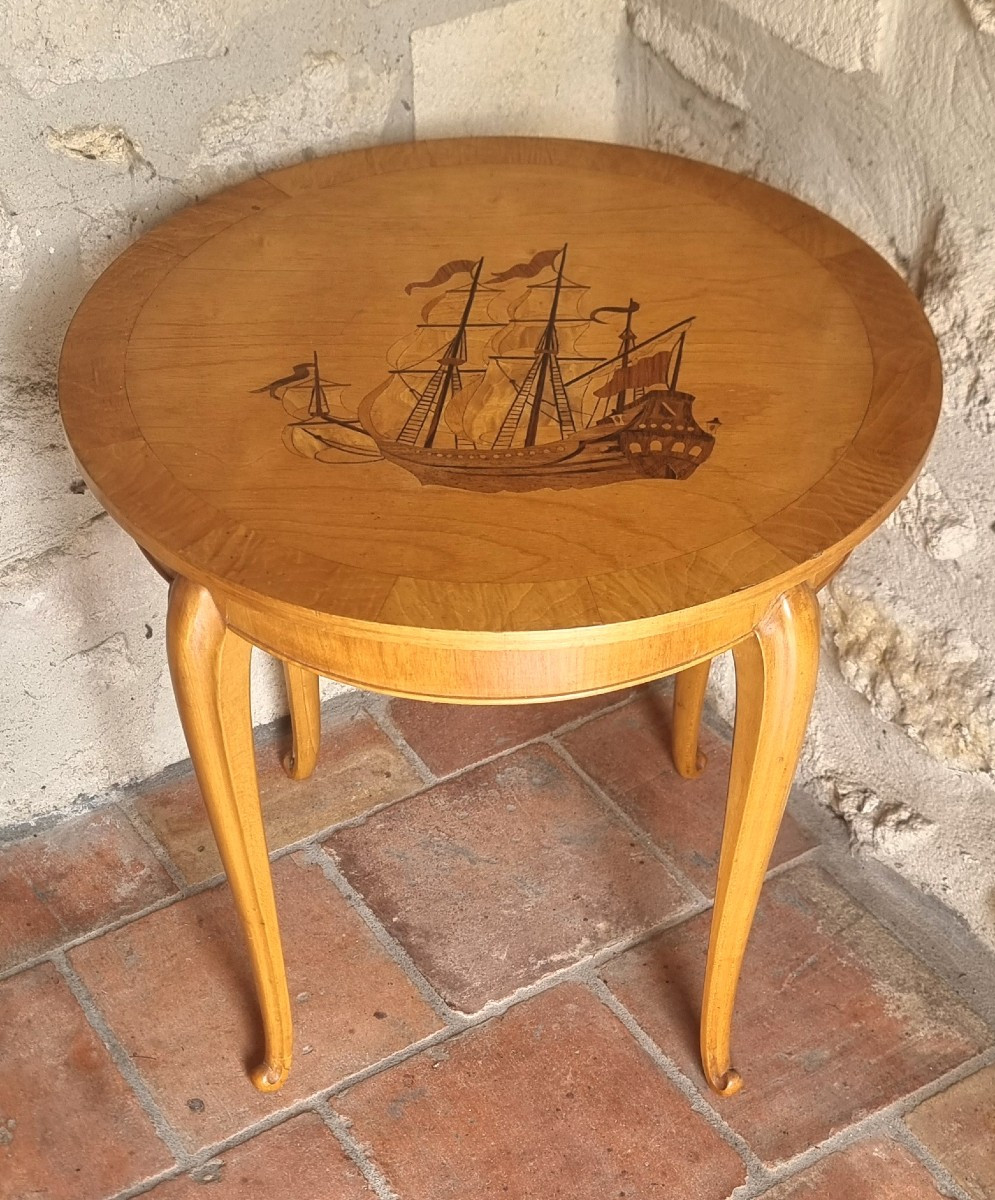 Small Marquetry Pedestal Table From The Early 20th Century