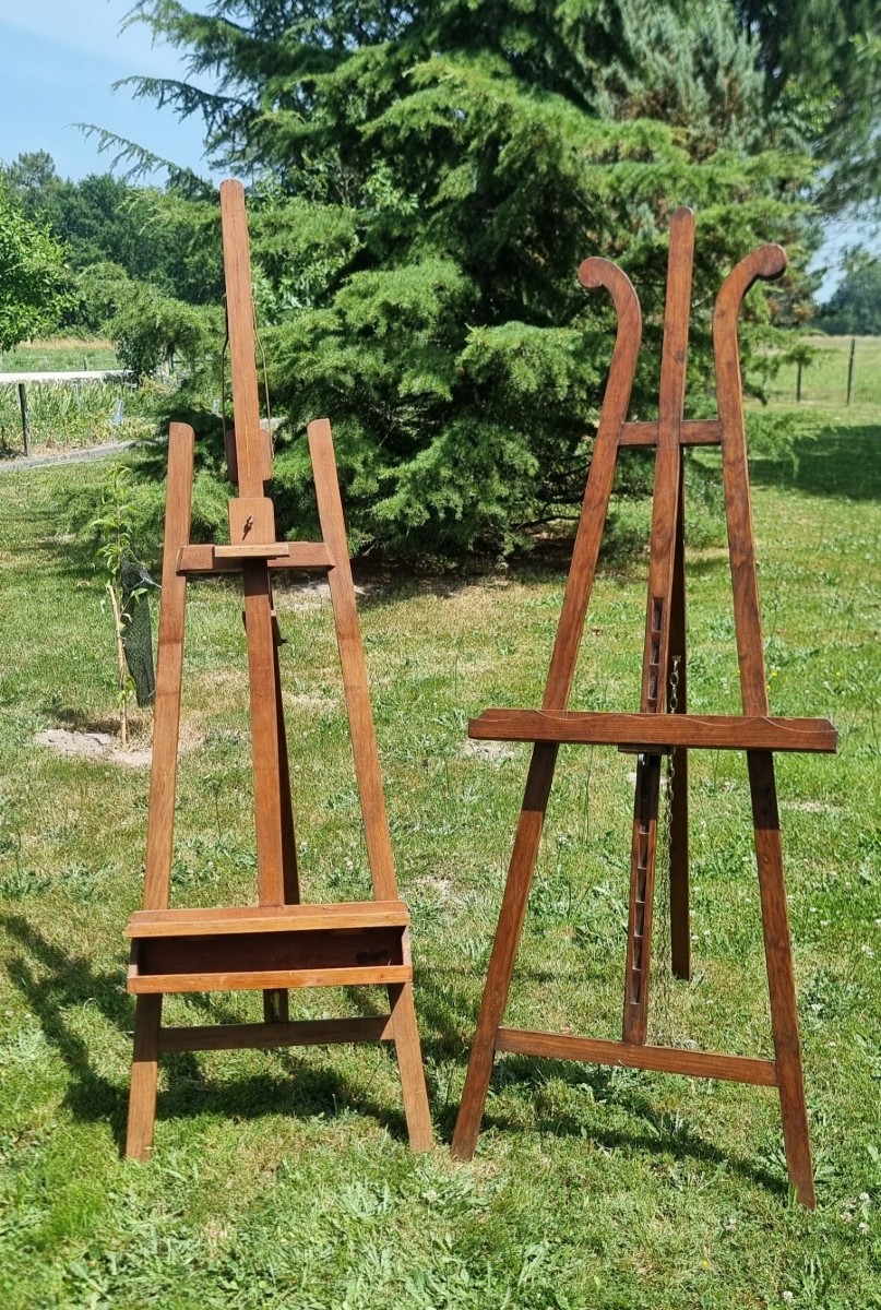 Large Antique Adjustable Artist's Easels With Rack.-photo-2