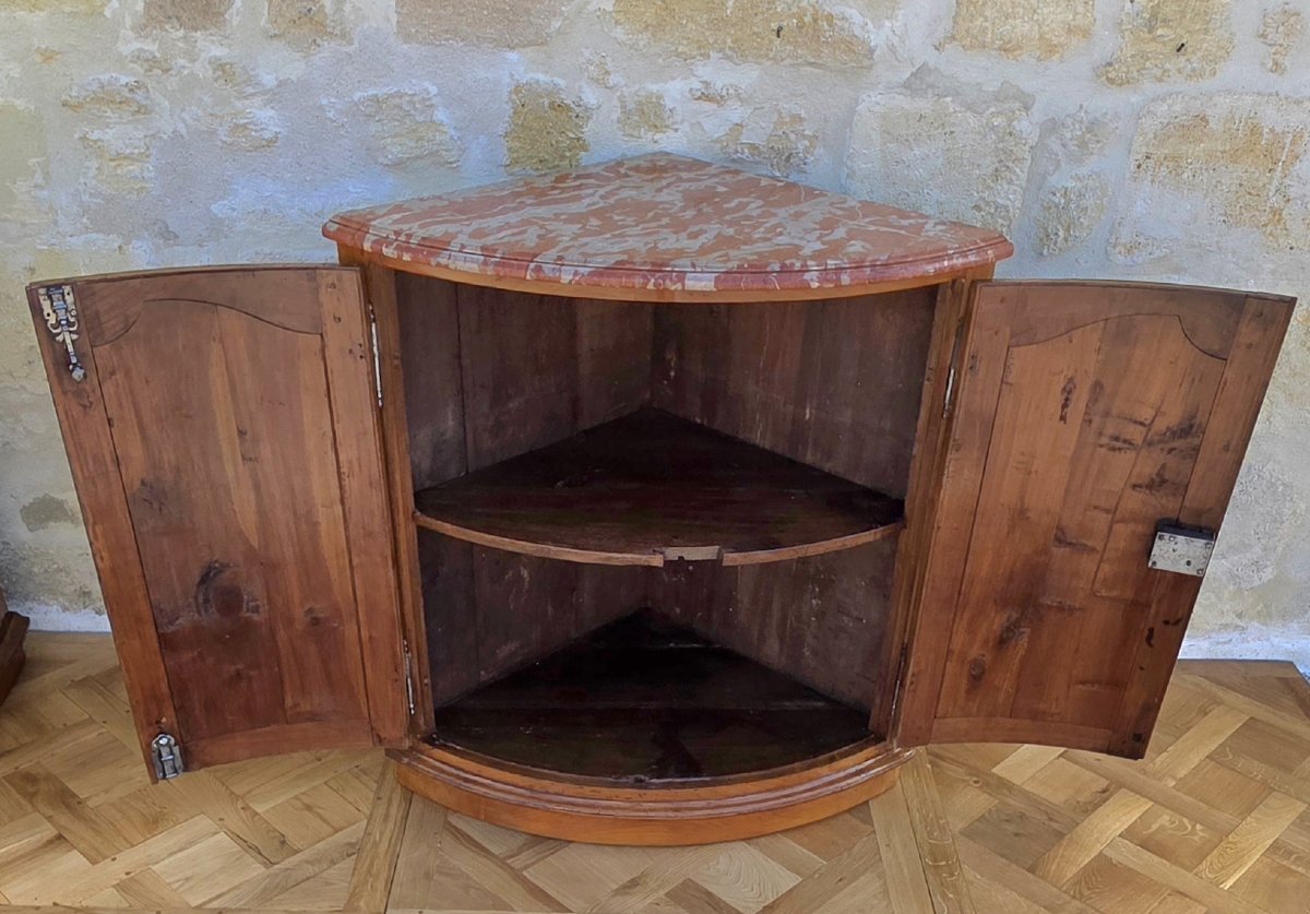 Paire d'encoignures galbée cerisier massif d'époque Louis XV, 18ème siècle dessus marbre-photo-4