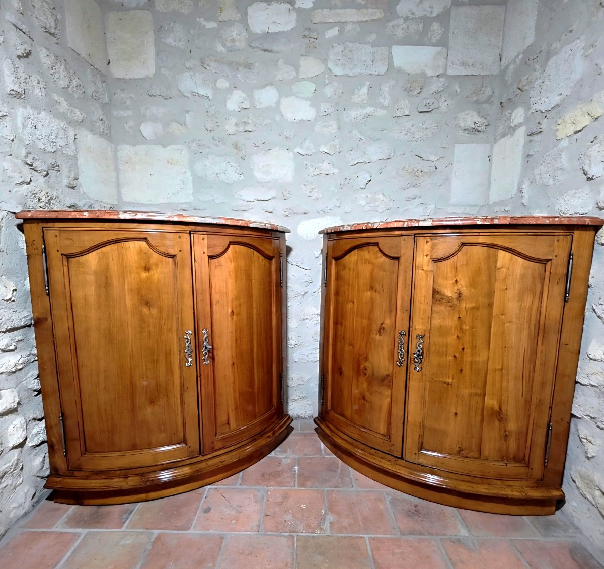 Pair Of Curved Solid Cherry Wood Corner Cabinets From The Louis XV Period, 18th Century, With Marble Tops-photo-4