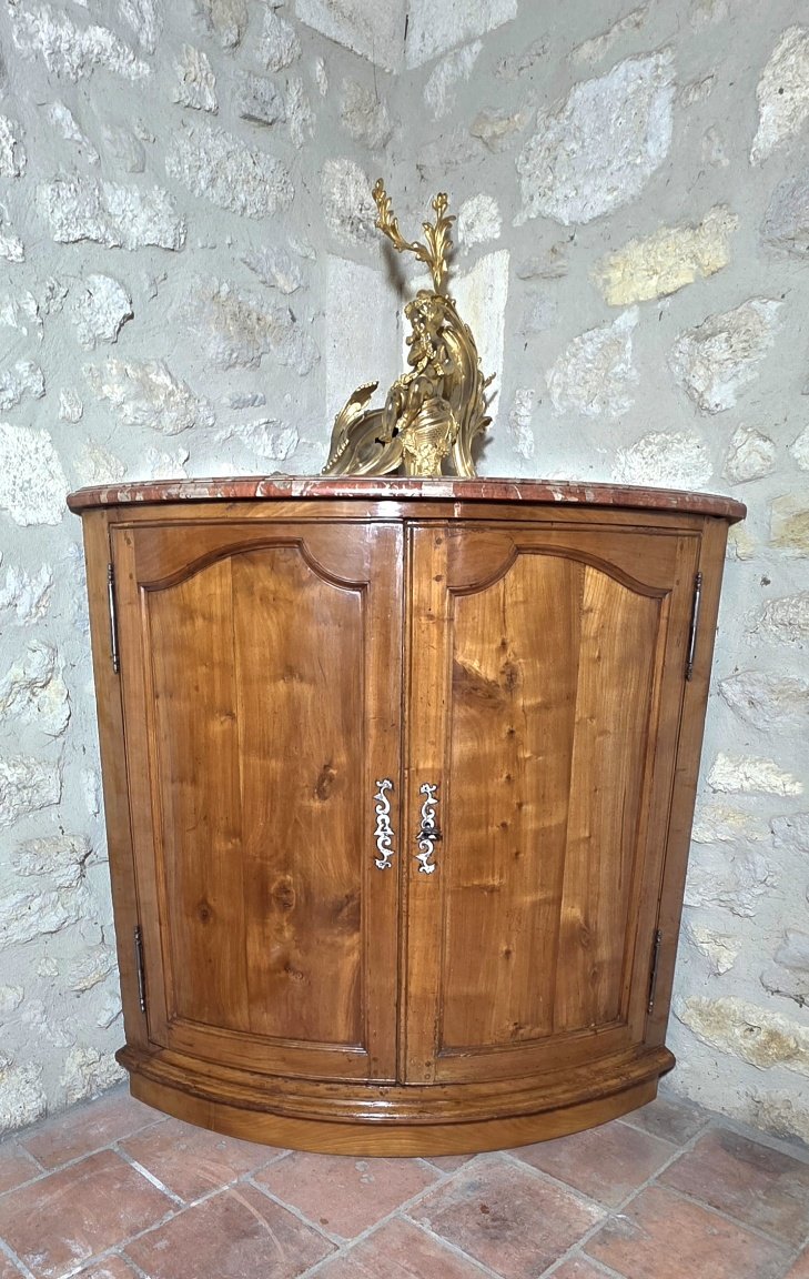 Paire d'encoignures galbée cerisier massif d'époque Louis XV, 18ème siècle dessus marbre-photo-8