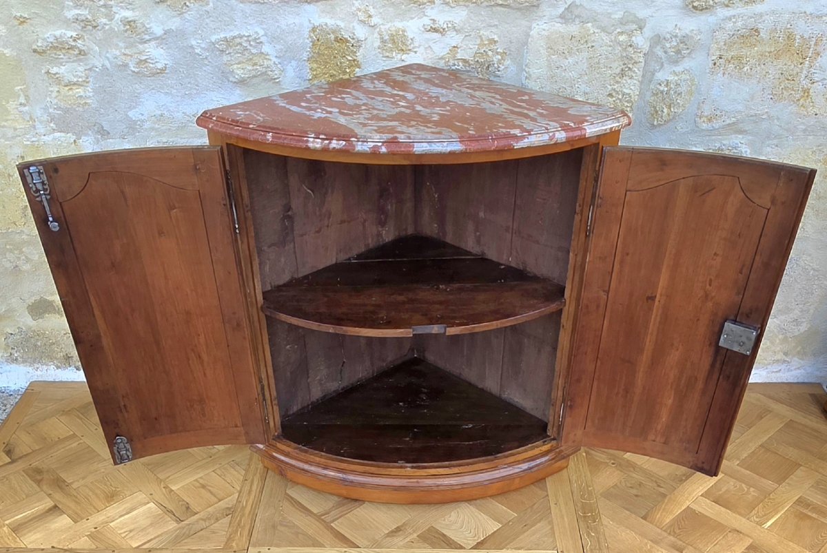 Pair Of Curved Solid Cherry Wood Corner Cabinets From The Louis XV Period, 18th Century, With Marble Tops-photo-2