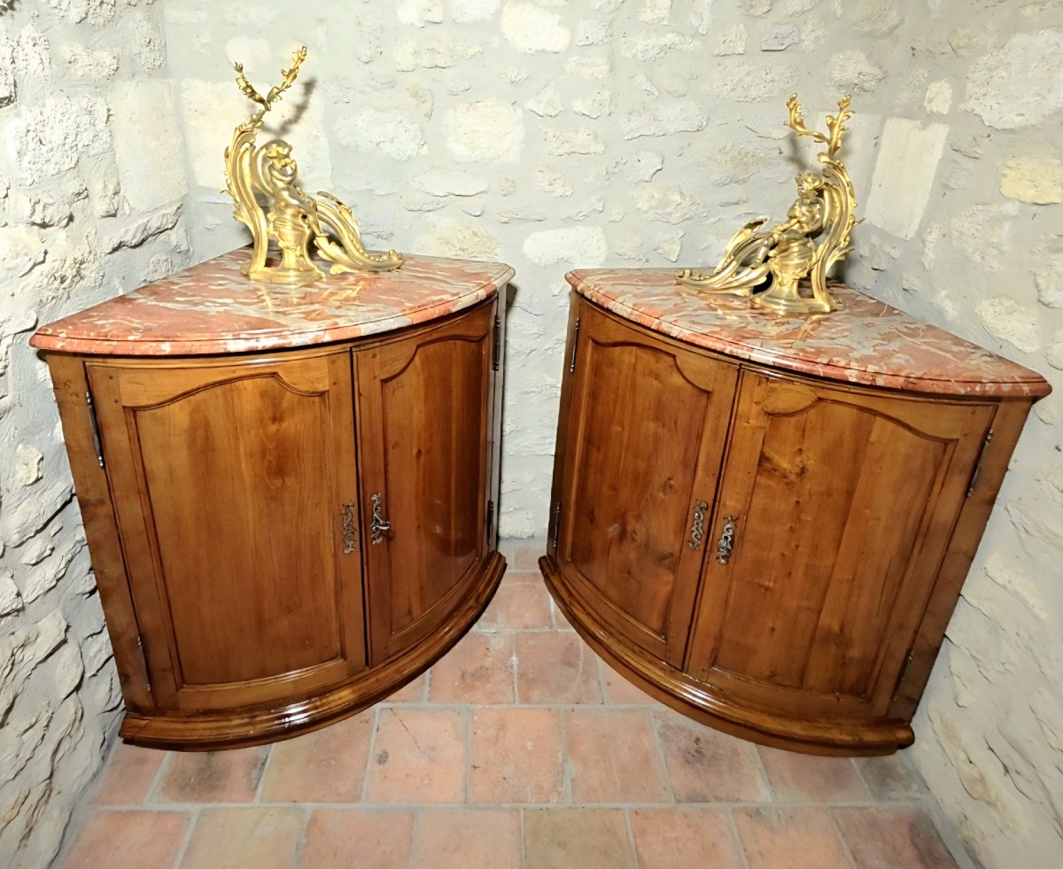 Pair Of Curved Solid Cherry Wood Corner Cabinets From The Louis XV Period, 18th Century, With Marble Tops