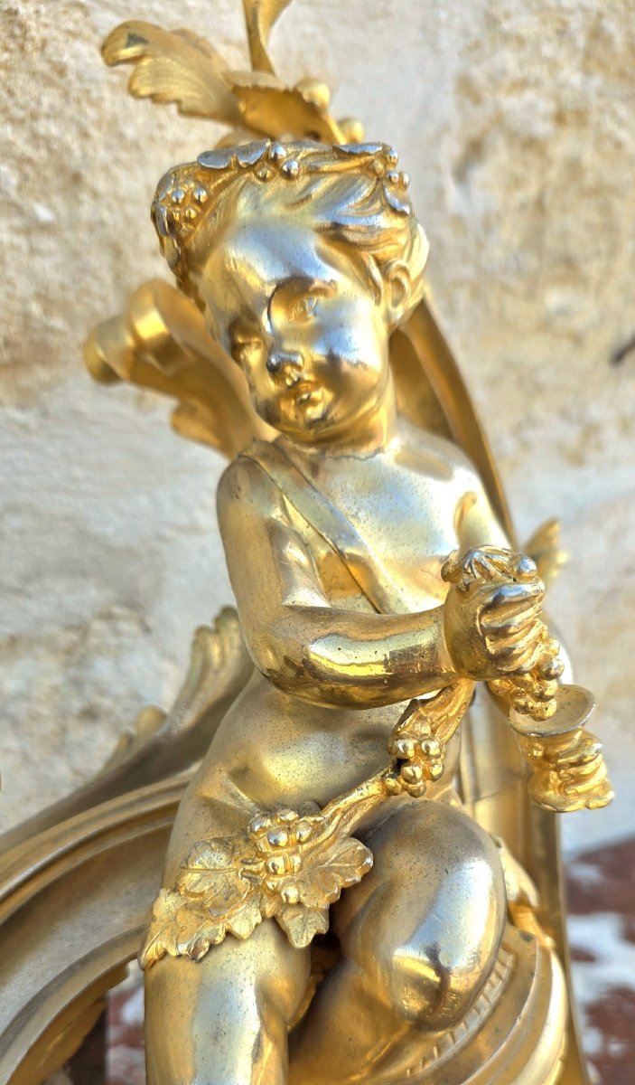 Paire de chenets au bacchus enfant en bronze doré-photo-1