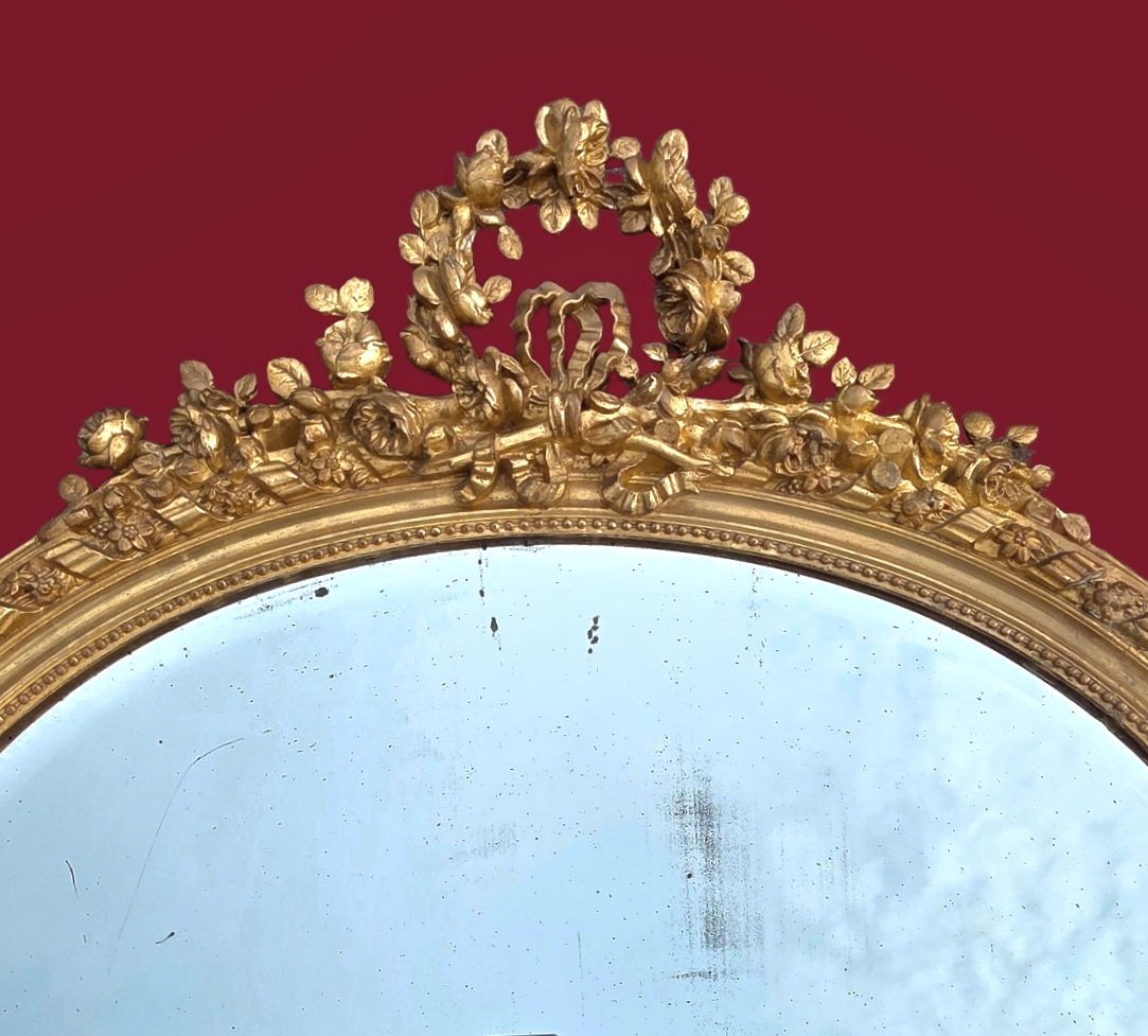 19th-century Oval Mirror In Gilded Wood, Louis XVI Style-photo-2