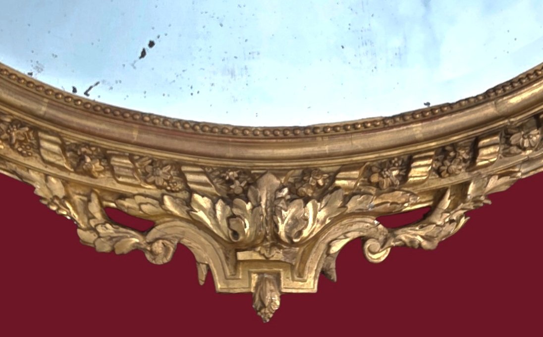 19th-century Oval Mirror In Gilded Wood, Louis XVI Style-photo-2