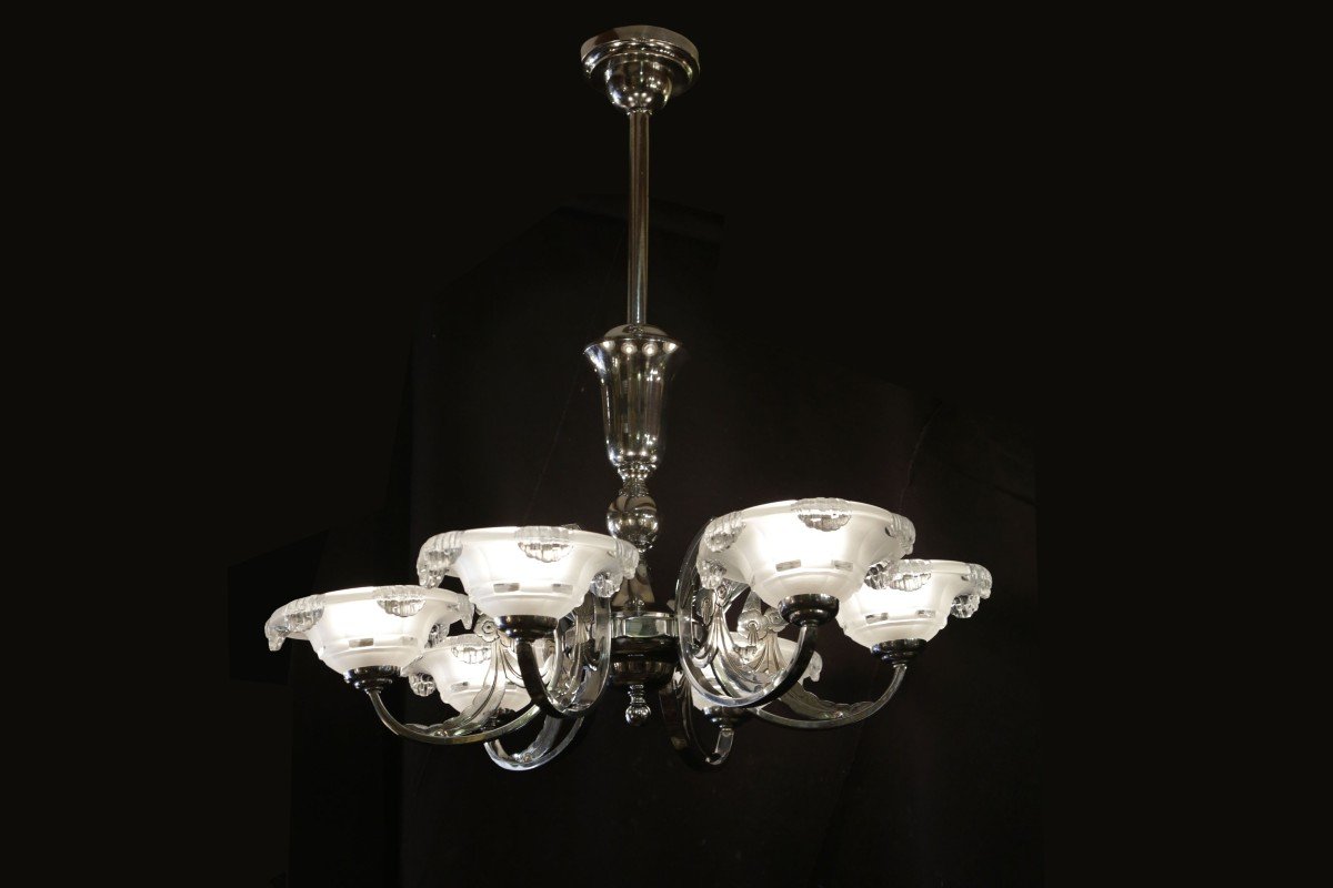 Lustre Art Nouveau 6+2 Lumières, Laiton, Design XXème – Hauteur 45cm, Largeur 60cm