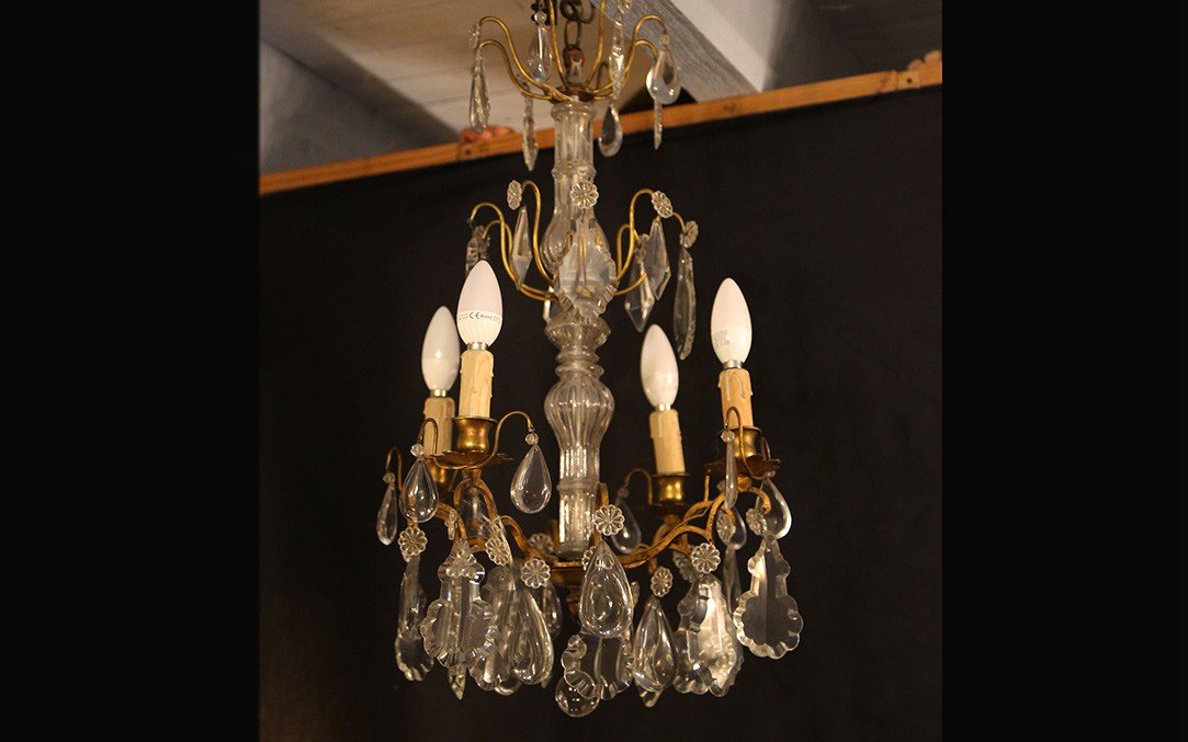 Proantic: Lustre à Pampilles Et Bronze, 4 Lampes, XIXème