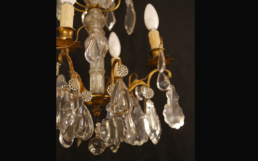 Proantic: Lustre à Pampilles Et Bronze, 4 Lampes, XIXème
