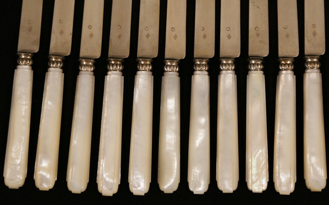 11 Dessert Knives, Mother-of-pearl And Sterling Silver, 19th Century-photo-3