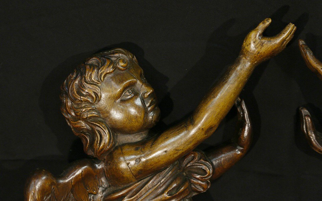 Paire d'Anges En Noyer, XVIIIème Siècle (60 Cm)-photo-2
