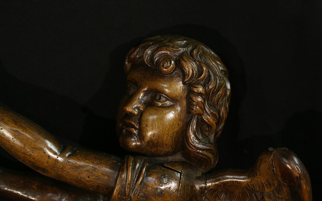 Paire d'Anges En Noyer, XVIIIème Siècle (60 Cm)-photo-1