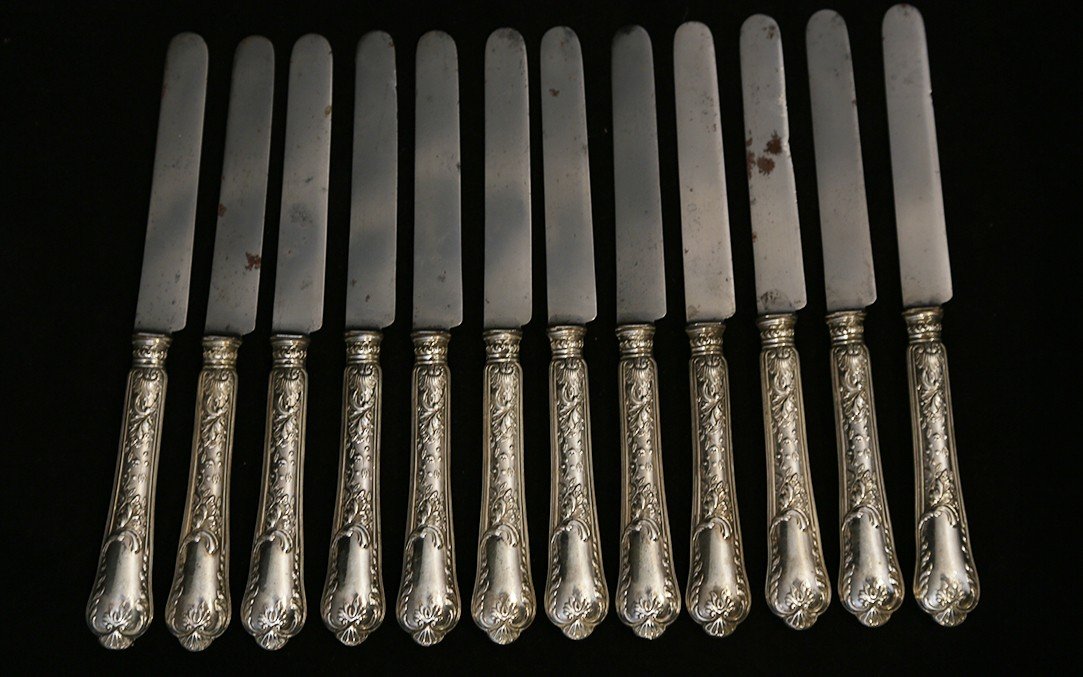 Ensemble De 12 Couteaux En Argent Massif Fourrés, XIXème-photo-1