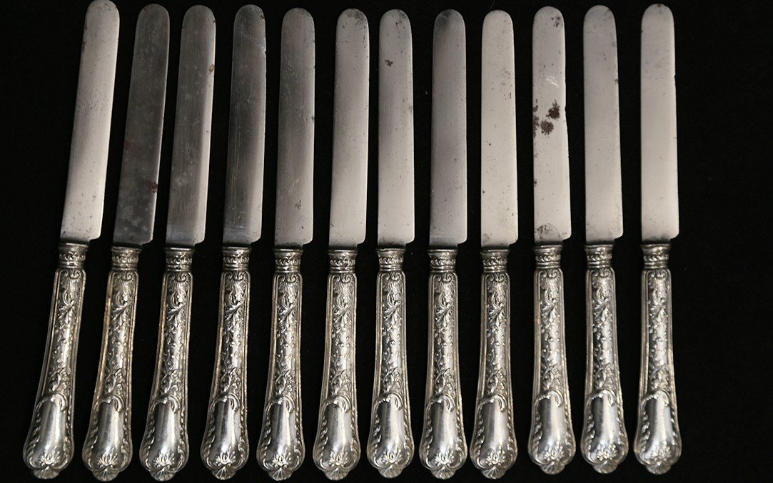 Ensemble De 12 Couteaux En Argent Massif Fourrés, XIXème-photo-5