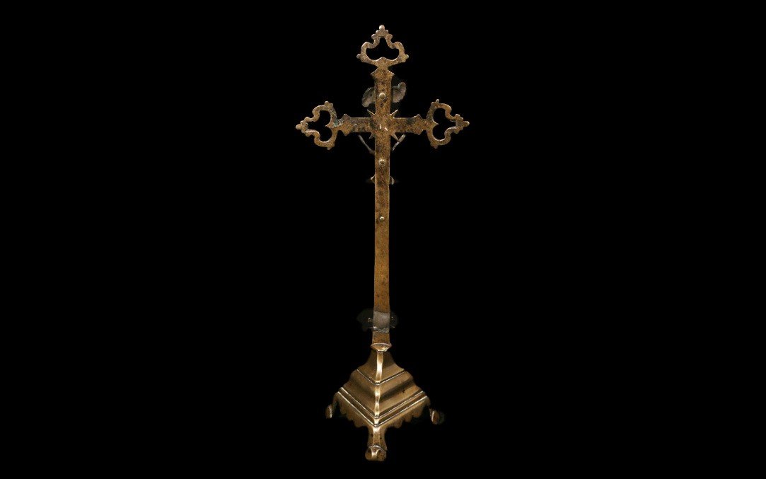 Crucifix En Bronze, XVIIeme Siècle (33 Cm)-photo-3