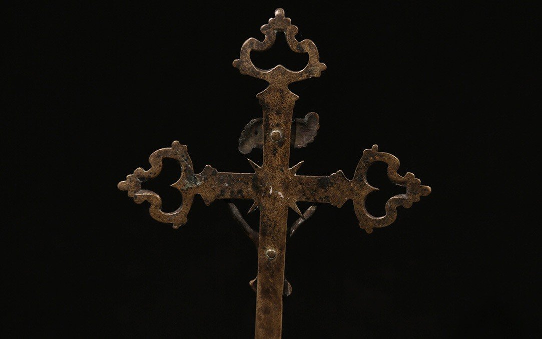 Crucifix En Bronze, XVIIeme Siècle (33 Cm)-photo-4