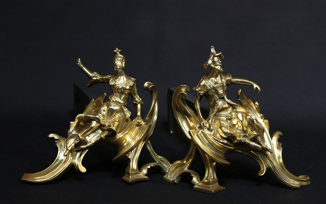 Andirons In Gilt And Chiseled Bronze 19th Century