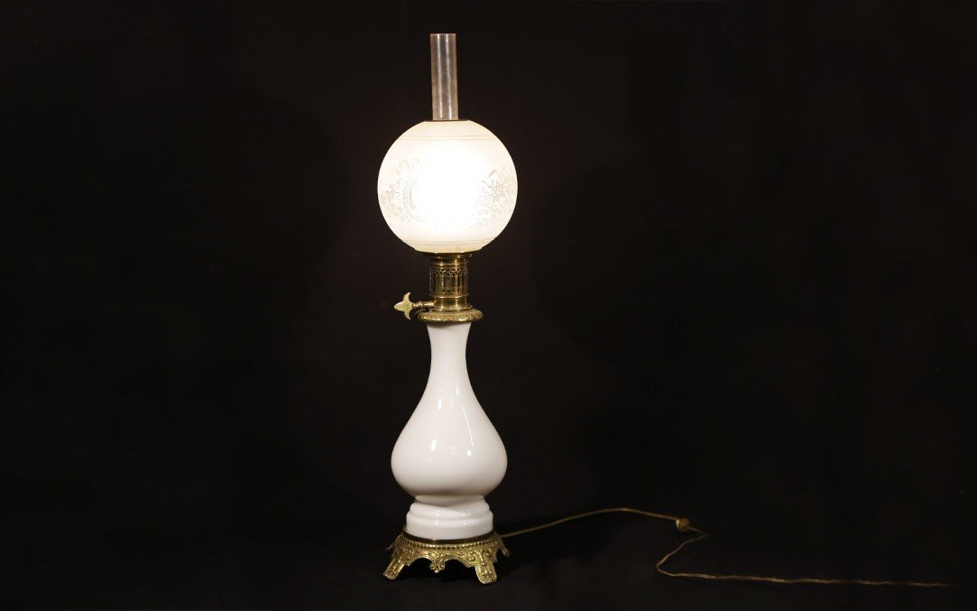 Lampe à Pétrole, Opaline Blanche, XIXème -photo-2