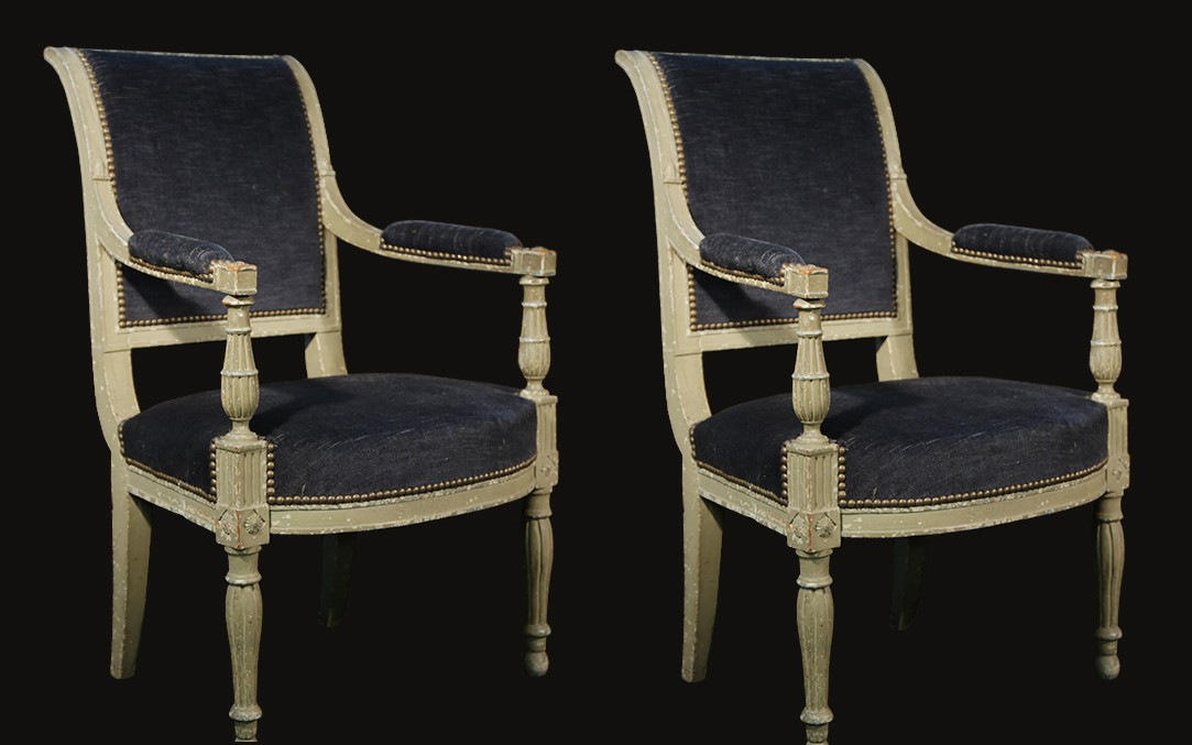 Paire De Fauteuils Directoire, Peints, Sangles, XVIIIème