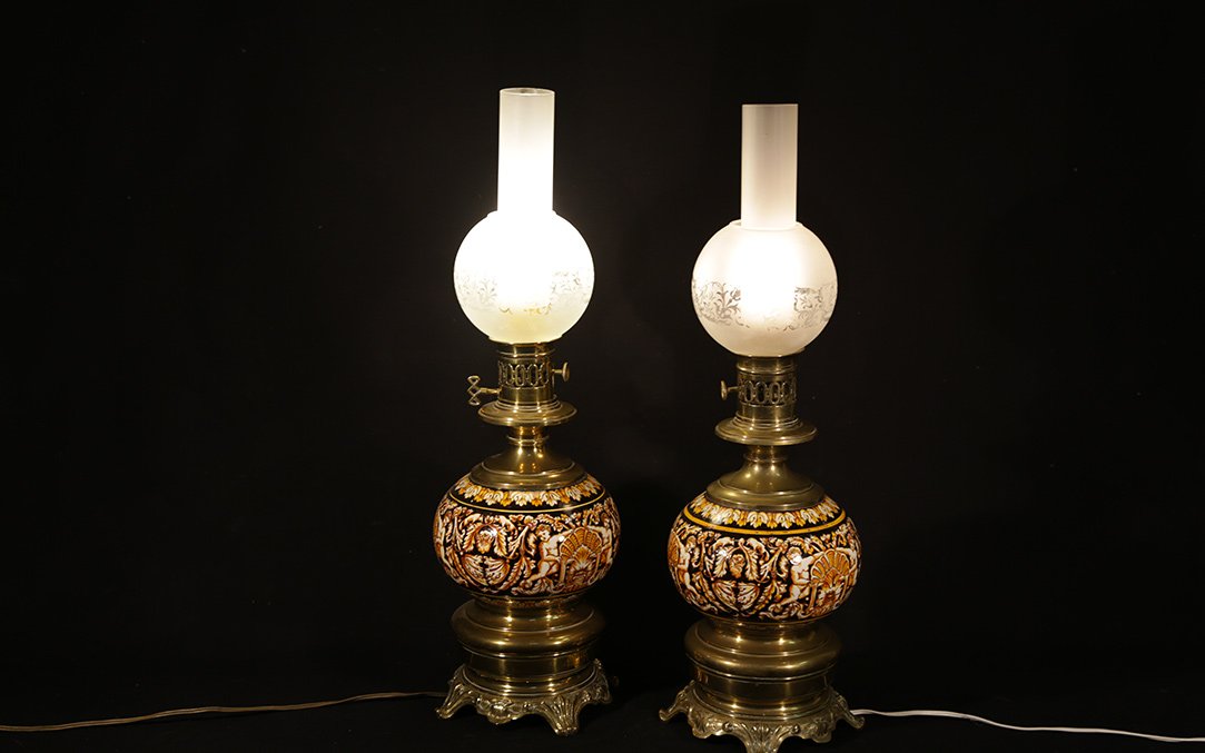 Paire De Lampes Gien électrifiées, XIXème Siècle-photo-3