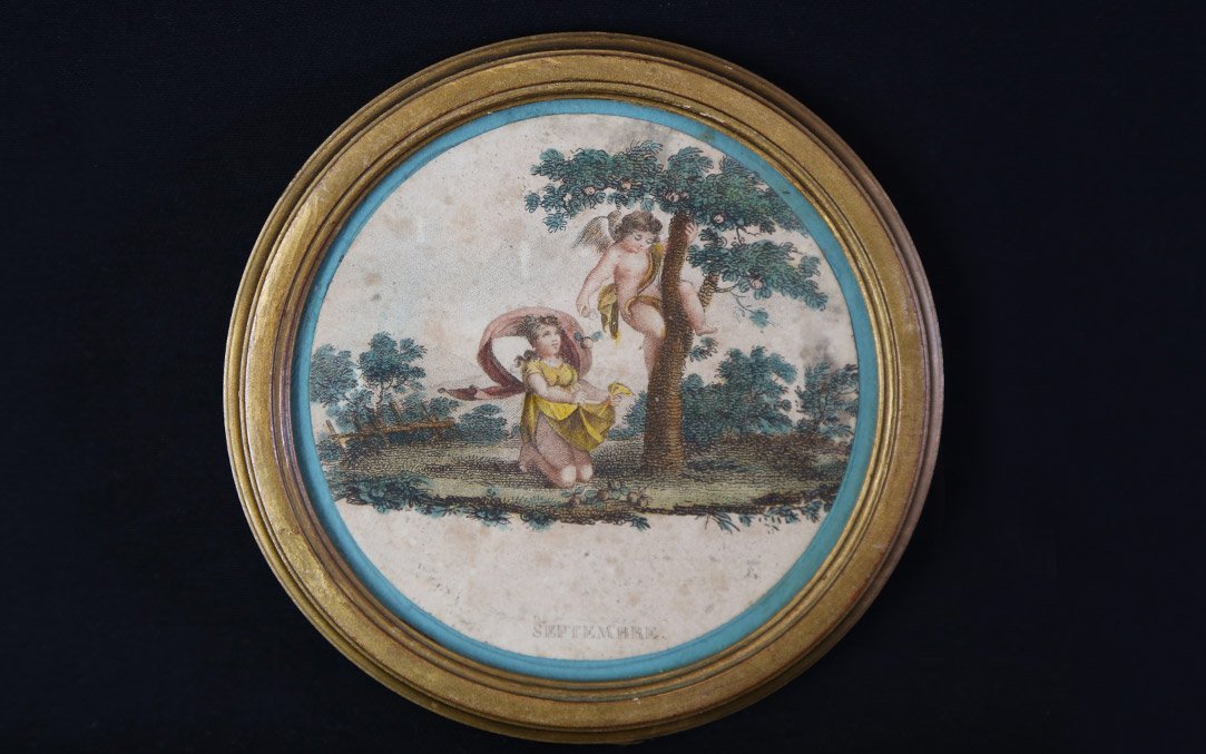 Gravure coloré ronde, XVIIIeme, allégories de septembre-photo-2