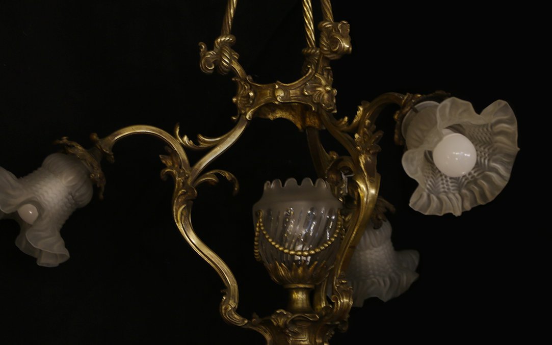 Art Nouveau Bronze Chandelier, 1900s-photo-5
