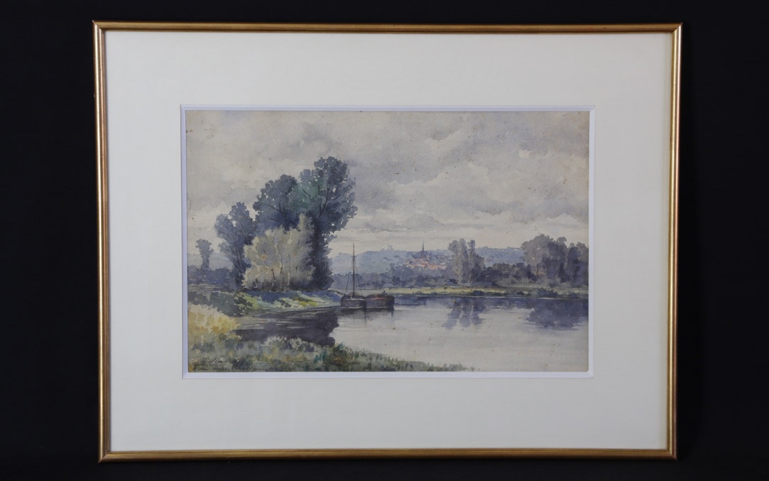 Paysage aquarelle, XIXème, L.H. Delcus (56 x 42 cm)