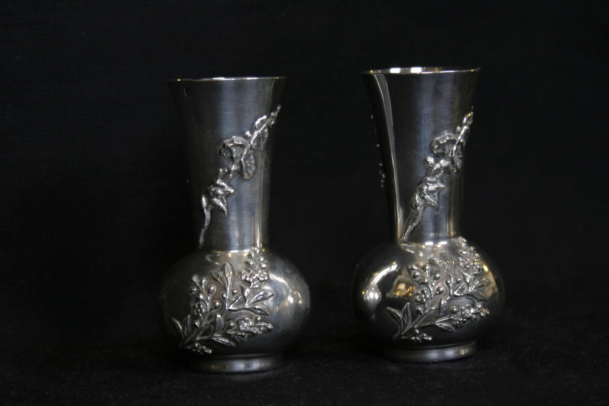 Pair Of Art Nouveau Vases, Silver, Minerva-photo-3