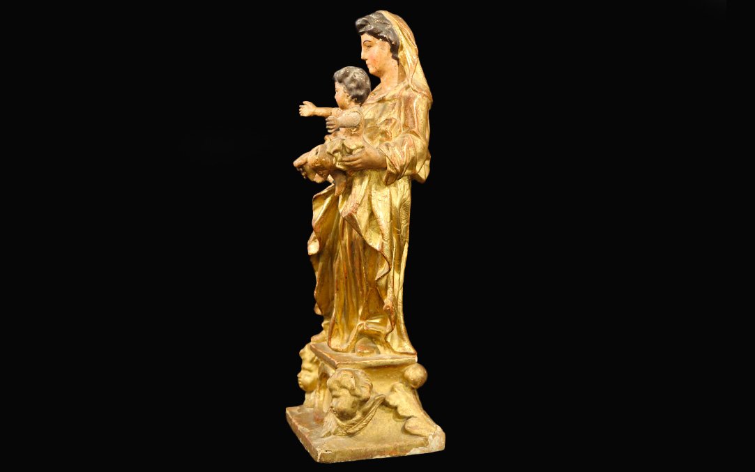Virgin And Child, Gilded Wood 18th Century-photo-1