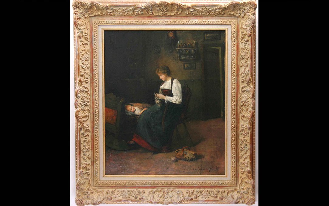 Oil On Canvas, Woman Knitting, William De Lancy-ward, Usa, 19th Century
