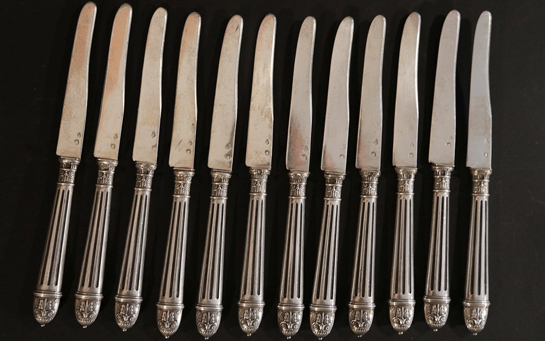 12 Dessert Knives, Silver-plated, Solid Silver Blades -photo-1