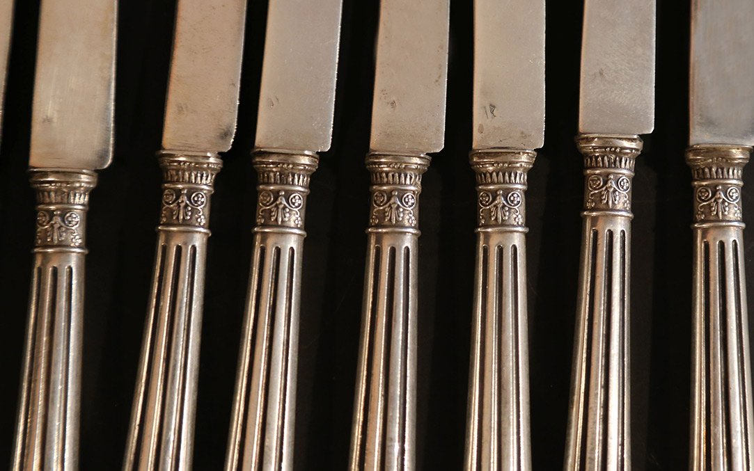 12 Dessert Knives, Silver-plated, Solid Silver Blades -photo-2