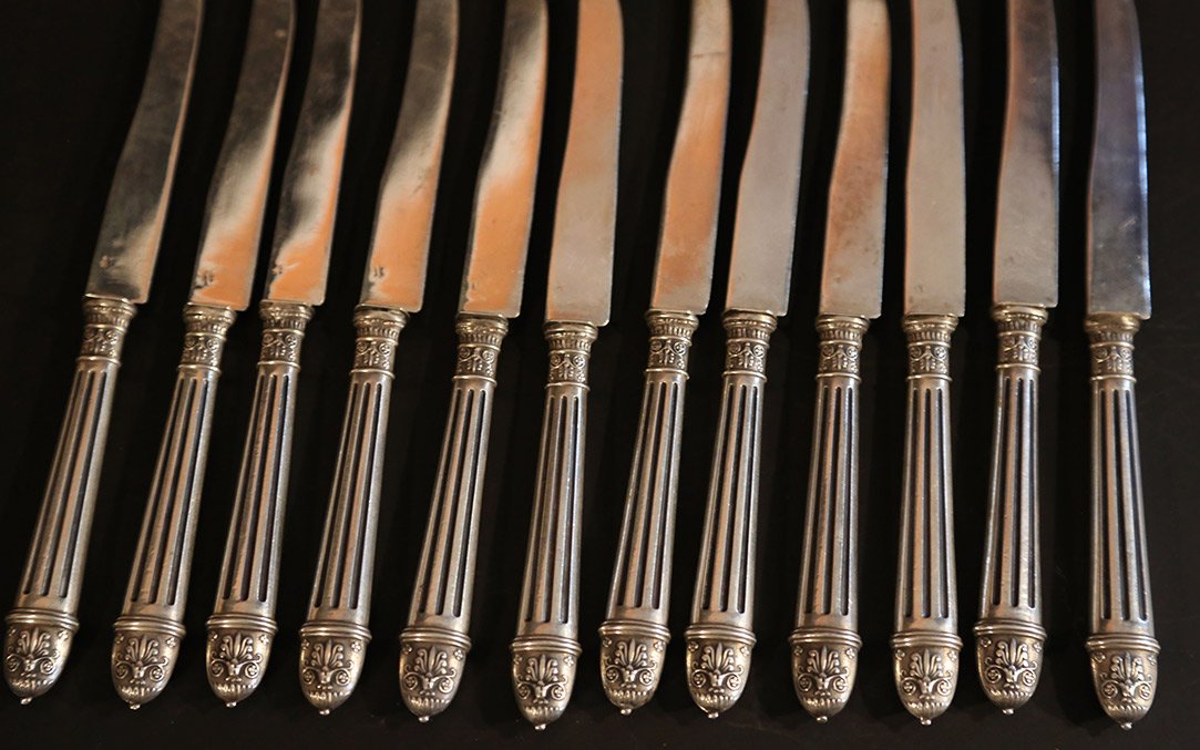 12 Dessert Knives, Silver-plated, Solid Silver Blades -photo-3