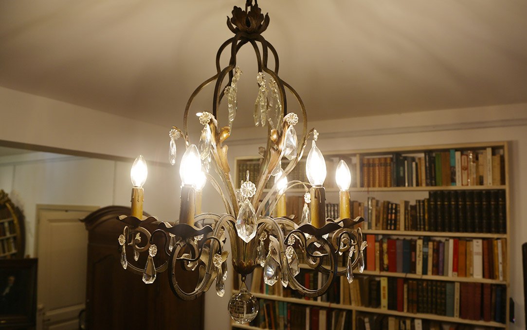 Wrought-iron Chandelier With Pendants, Circa 1900-photo-1