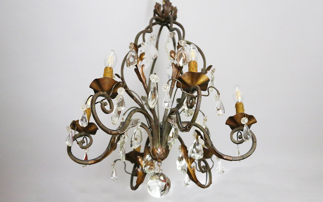Wrought-iron Chandelier With Pendants, Circa 1900