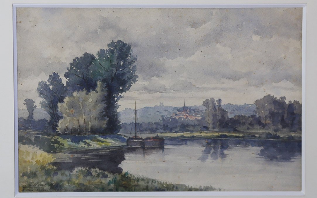 Paysage aquarelle, XIXème, L.H. Delcus (56 x 42 cm) -photo-3