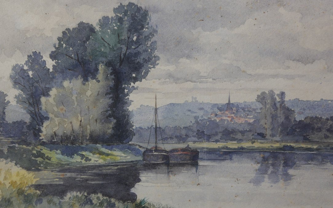 Paysage aquarelle, XIXème, L.H. Delcus (56 x 42 cm) -photo-1