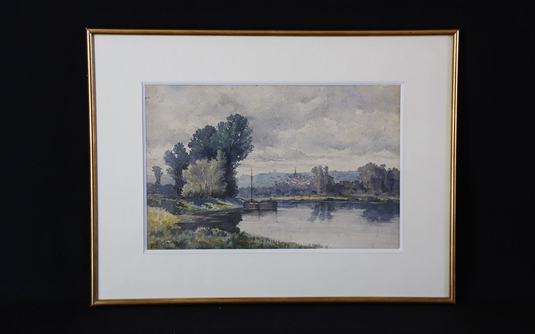 Paysage aquarelle, XIXème, L.H. Delcus (56 x 42 cm) 