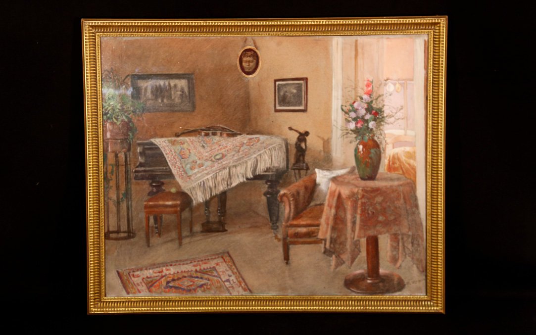 Vue d'intérieur, technique mixtes, XIXe
