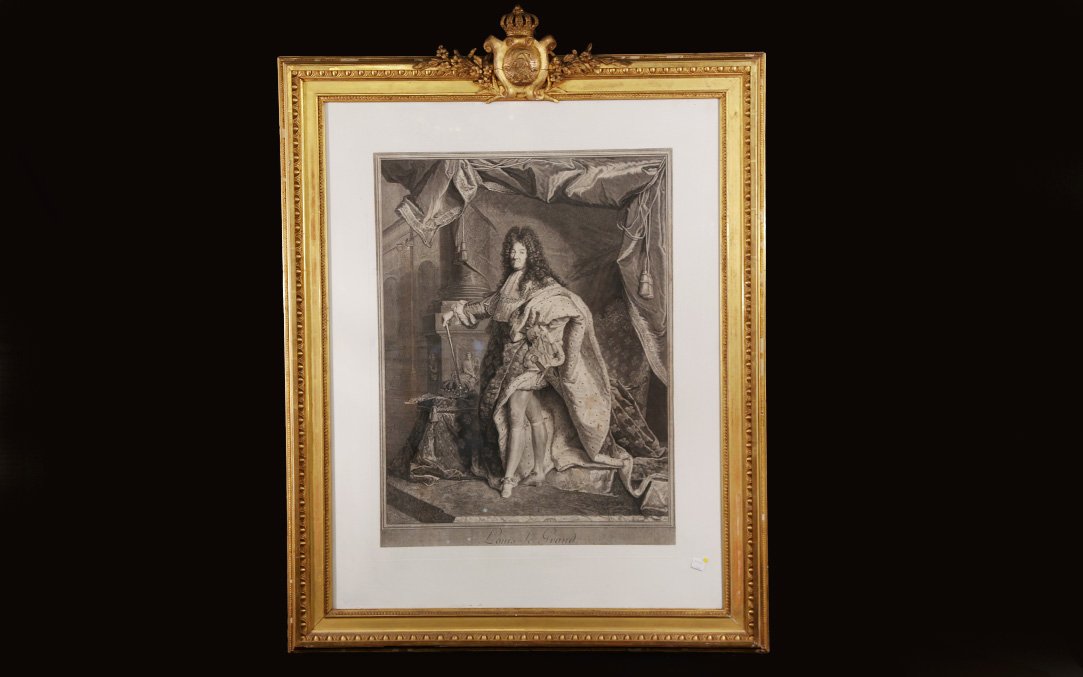 Gravure, portrait en pied de Louis XV, H. Rigaud