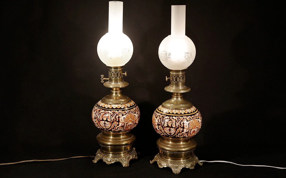 Paire de lampes Gien, électrifiées, XIXème  