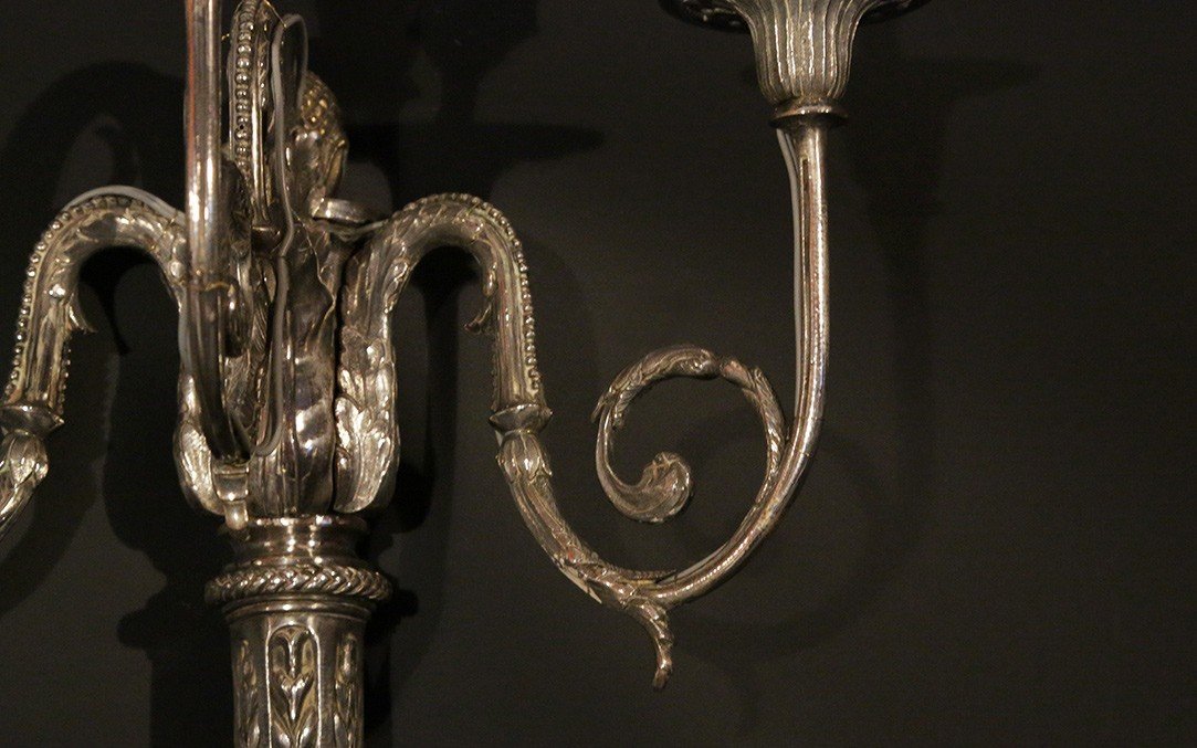 Paire d'Appliques En Bronze Argenté, Louis XVI-photo-2